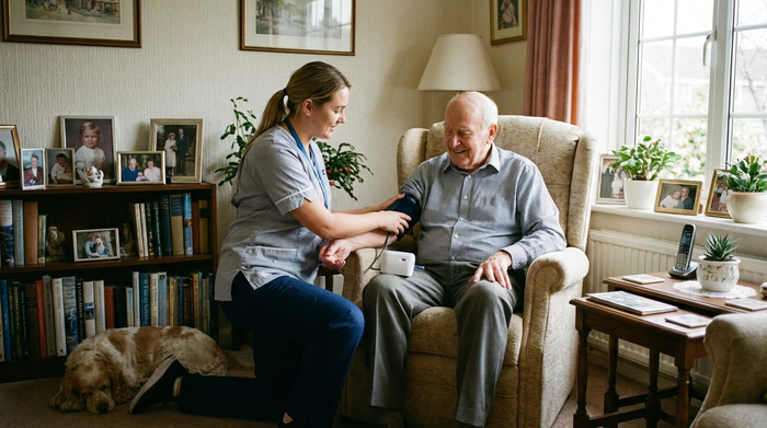 Pflegekraft misst den Blutdruck eines Seniors im heimischen Wohnzimmer