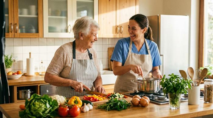 Pflegerin und Senior bereiten gemeinsam eine gesunde Mahlzeit in der Küche vor