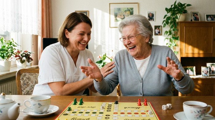 Seniorenbetreuerin und ältere Dame lachen bei einem gemeinsamen Brettspiel am Tisch