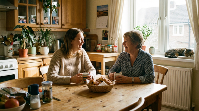 Angehörige Tochter und Pflegekraft sitzen entspannt am Küchentisch und sprechen miteinander