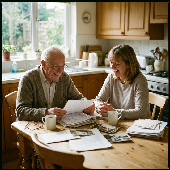 Älterer Herr und seine Tochter sitzen am Tisch und besprechen entspannt Unterlagen