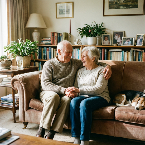 Älteres Ehepaar sitzt entspannt auf dem Sofa und lächelt