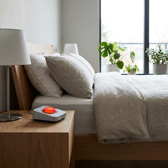 Modernes Hausnotruf-Gerät mit rotem Knopf auf einem Nachttisch neben dem Bett