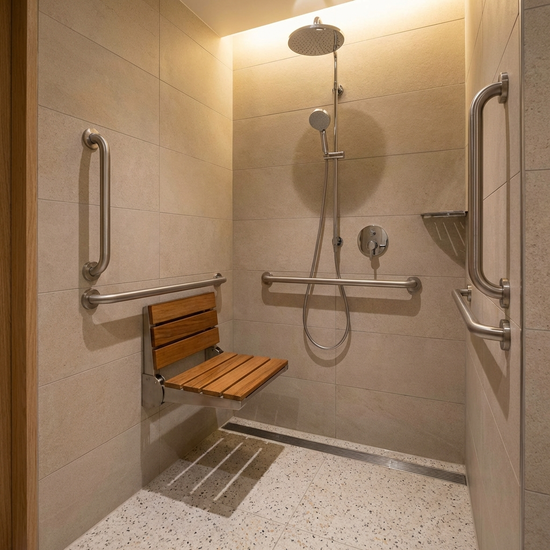 Sicherer, ebenerdiger Duschbereich mit Haltegriffen und klappbarem Duschsitz