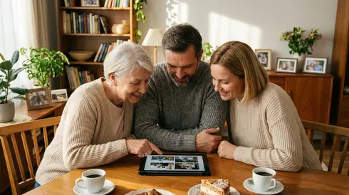 Angehörige und Senior sitzen gemeinsam am Tisch und betrachten ein Tablet.