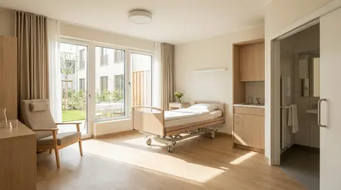 Helles, aufgeräumtes Zimmer im Erdgeschoss mit ausreichend Platz für ein Pflegebett.
