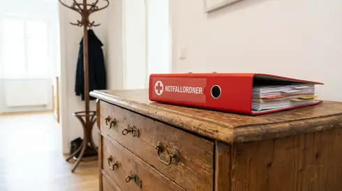 Ein roter Notfallordner liegt griffbereit auf einer Kommode.