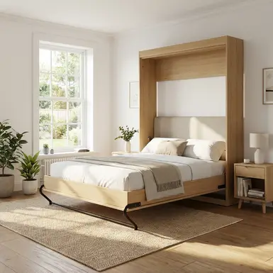 Modernes Pflegebett mit Holzdekor in einem hellen, freundlichen Schlafzimmer.