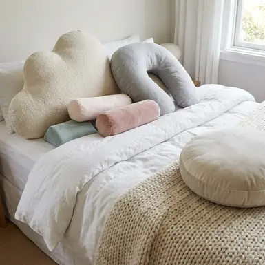 Verschiedene weiche Lagerungskissen auf einem frisch bezogenen Bett.