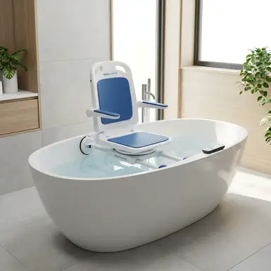 Sicherer Badewannenlift in einer modernen, hellen Badewanne.