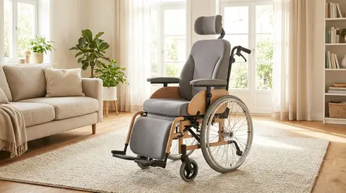 Ein moderner, bequemer Pflegerollstuhl mit Kopfstütze in einem hellen Wohnzimmer.
