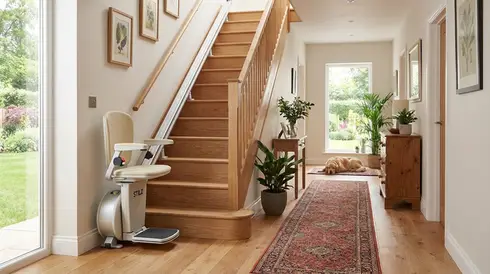 Moderner Treppenlift an einer geraden Holztreppe in einem gepflegten Einfamilienhaus.