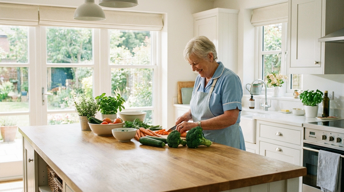 Pflegerin bereitet frisches Gemüse in einer hellen Küche vor