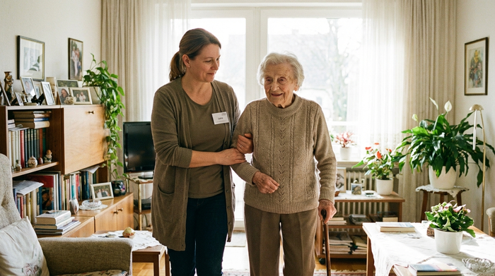 Pflegerin stützt ältere Dame behutsam beim Gehen im Wohnzimmer