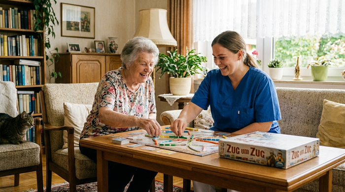 Seniorin und Pflegerin spielen gemeinsam ein Brettspiel am Tisch
