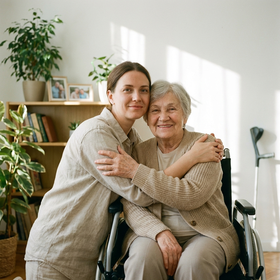 Entspannte Tochter umarmt ihre lächelnde pflegebedürftige Mutter