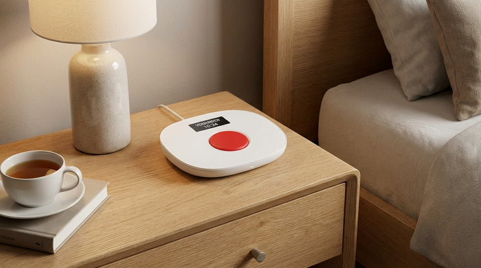 Modernes Hausnotruf-Gerät mit rotem Knopf auf einem Nachttisch