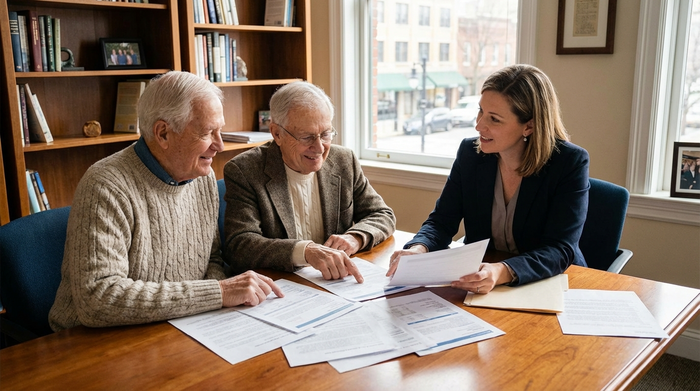 Älteres Ehepaar sitzt mit Beraterin am Tisch und bespricht Dokumente