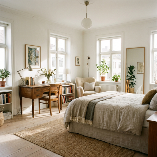 Hell eingerichtetes, freundliches Gästezimmer mit Bett und Schreibtisch