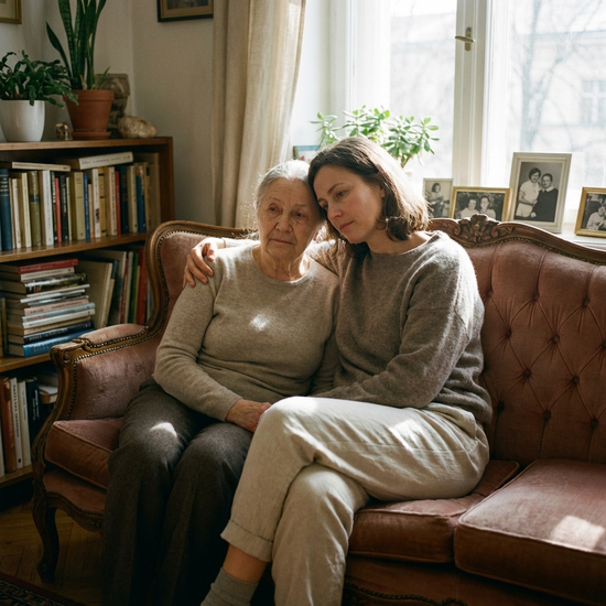 Ältere Frau und ihre Tochter sitzen nah beieinander auf einem Sofa, die Tochter legt tröstend den Arm um die Schulter der Mutter