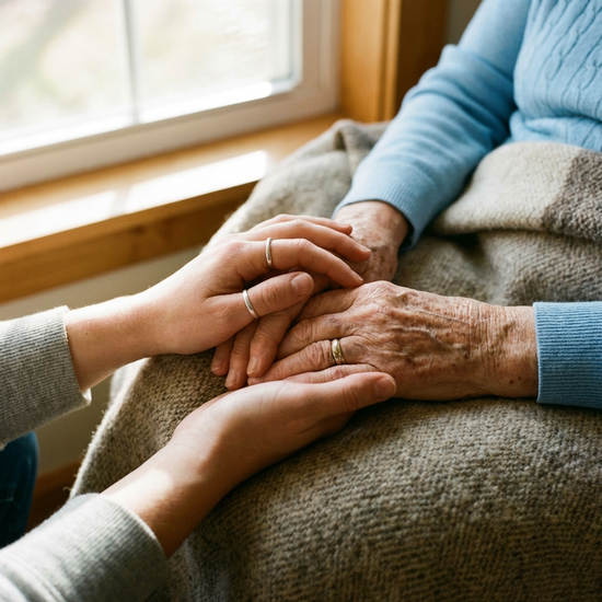 Hände einer jüngeren und einer älteren Person, die sich sanft und unterstützend halten