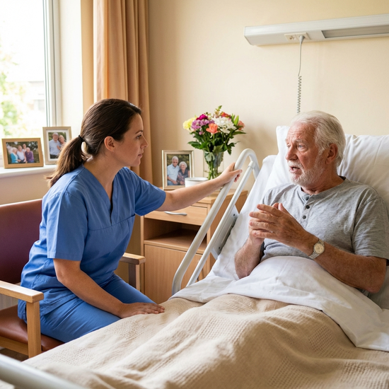 Pflegekraft sitzt auf Augenhöhe neben einem Pflegebett und hört einem älteren Patienten aufmerksam zu