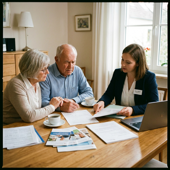 Angehörige im Gespräch mit einer professionellen Pflegeberaterin an einem Tisch mit Dokumenten