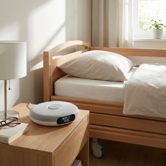 Modernes Hausnotruf-Gerät griffbereit auf einem Nachttisch neben einem Pflegebett