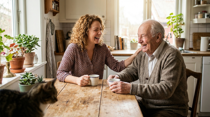 Freundliche Pflegerin und älterer Herr sitzen gemeinsam lachend am Küchentisch bei einer Tasse Kaffee