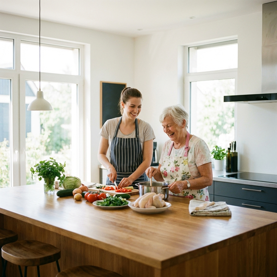 Pflegerin bereitet gemeinsam mit Seniorin frische Mahlzeit in heller Küche vor