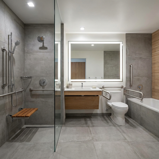 Modernes, barrierefreies Badezimmer mit Haltegriffen und ebenerdiger Dusche