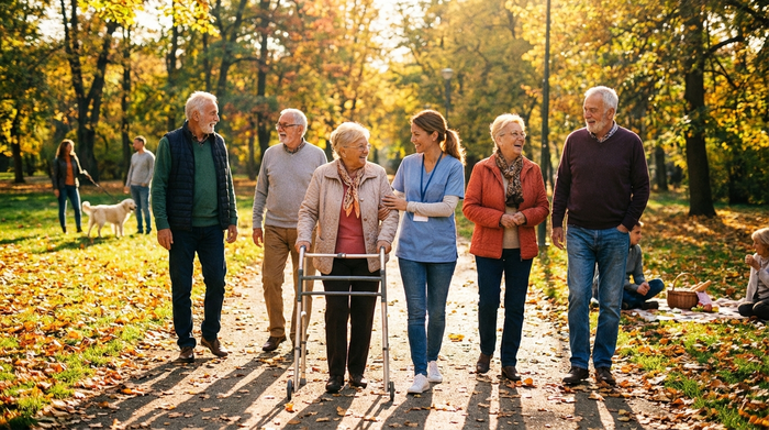 Senioren und Betreuungskraft beim gemeinsamen Spaziergang in einem sonnigen Park