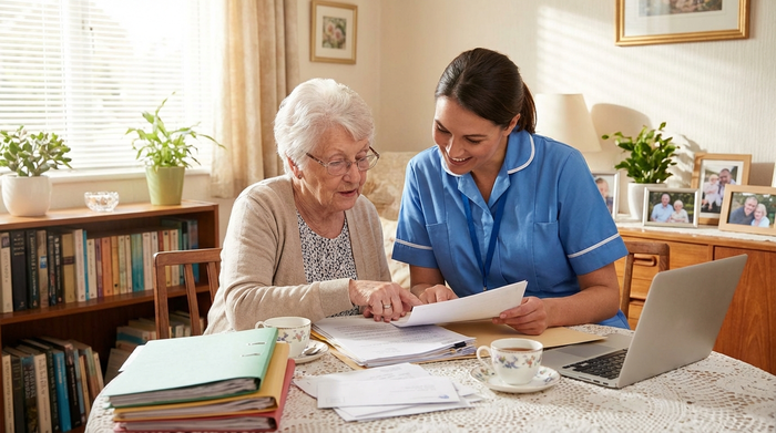 Pflegerin und Senior besprechen gemeinsam Dokumente am Wohnzimmertisch