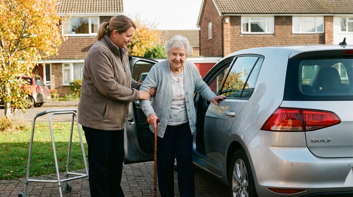 Seniorin wird von Betreuungskraft beim sicheren Einsteigen in ein Auto unterstützt