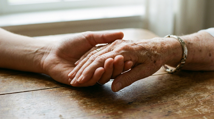 Detailaufnahme von Händen: Jüngere Hand hält schützend die Hand einer älteren Person