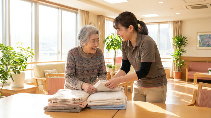Betreuungskraft und Seniorin falten gemeinsam Handtücher in einem hellen Raum