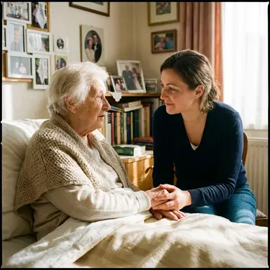 Einfühlsame Pflegekraft hört einer älteren Dame am Bett aufmerksam zu