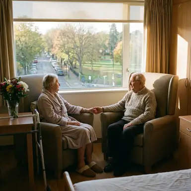 Angehörige und Patient sitzen friedlich nebeneinander am Fenster und schauen nach draußen