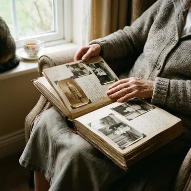 Altes Fotoalbum liegt aufgeschlagen auf einem Schoß