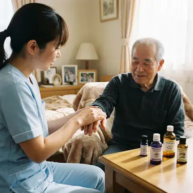 Sanfte Handmassage mit Aromaöl bei einem älteren Patienten