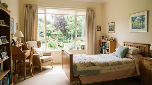 Helles, wohnlich eingerichtetes Zimmer in einem stationären Hospiz mit Blick ins Grüne