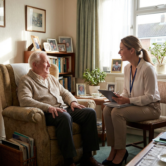Älterer Herr sitzt entspannt im Sessel im eigenen Wohnzimmer, während eine freundliche Pflegeberaterin ihm aufmerksam zuhört.