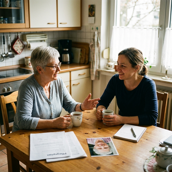 Pflegeberaterin und pflegende Tochter besprechen gemeinsam bei einer Tasse Tee am Küchentisch den Pflegealltag.
