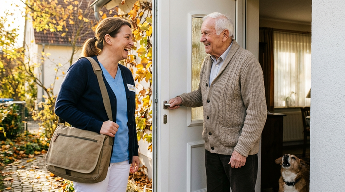Freundliche Pflegekraft mit Umhängetasche wird von einem lächelnden Senior an der Haustür begrüßt.