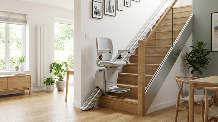 Moderner, sicherer Treppenlift an einer Holztreppe in einem hellen Einfamilienhaus.