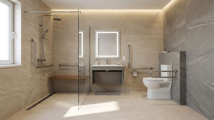 Modernes, barrierefreies Badezimmer mit ebenerdiger Dusche, Haltegriffen und rutschfesten Fliesen.