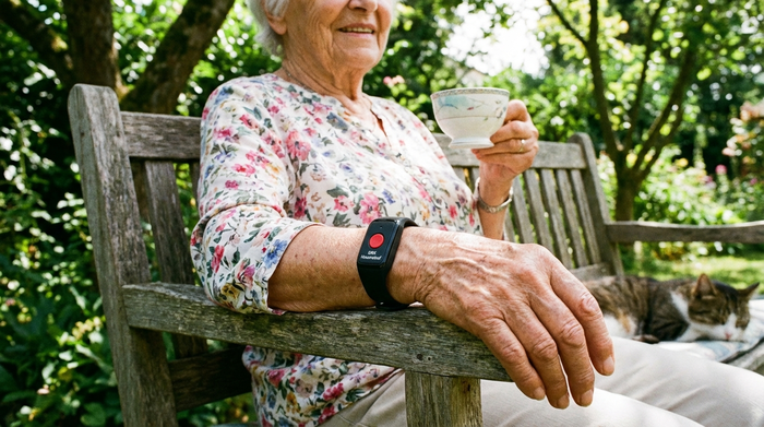 Hausnotruf-Armband am Handgelenk einer älteren Person, die gemütlich im Garten sitzt.