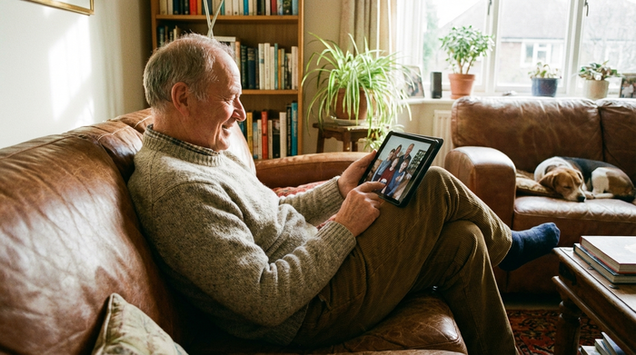 Älterer Herr sitzt gemütlich auf dem Sofa und lächelt freundlich, während er auf den Bildschirm eines Tablets schaut.