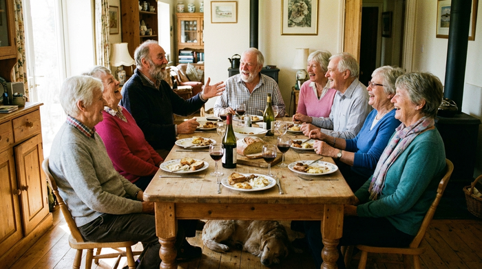Senioren sitzen gemeinsam lachend an einem großen Esstisch und tauschen sich aus