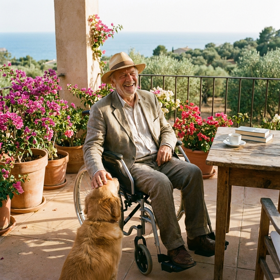 Älterer Herr im Rollstuhl lächelt entspannt auf einer sonnigen Terrasse